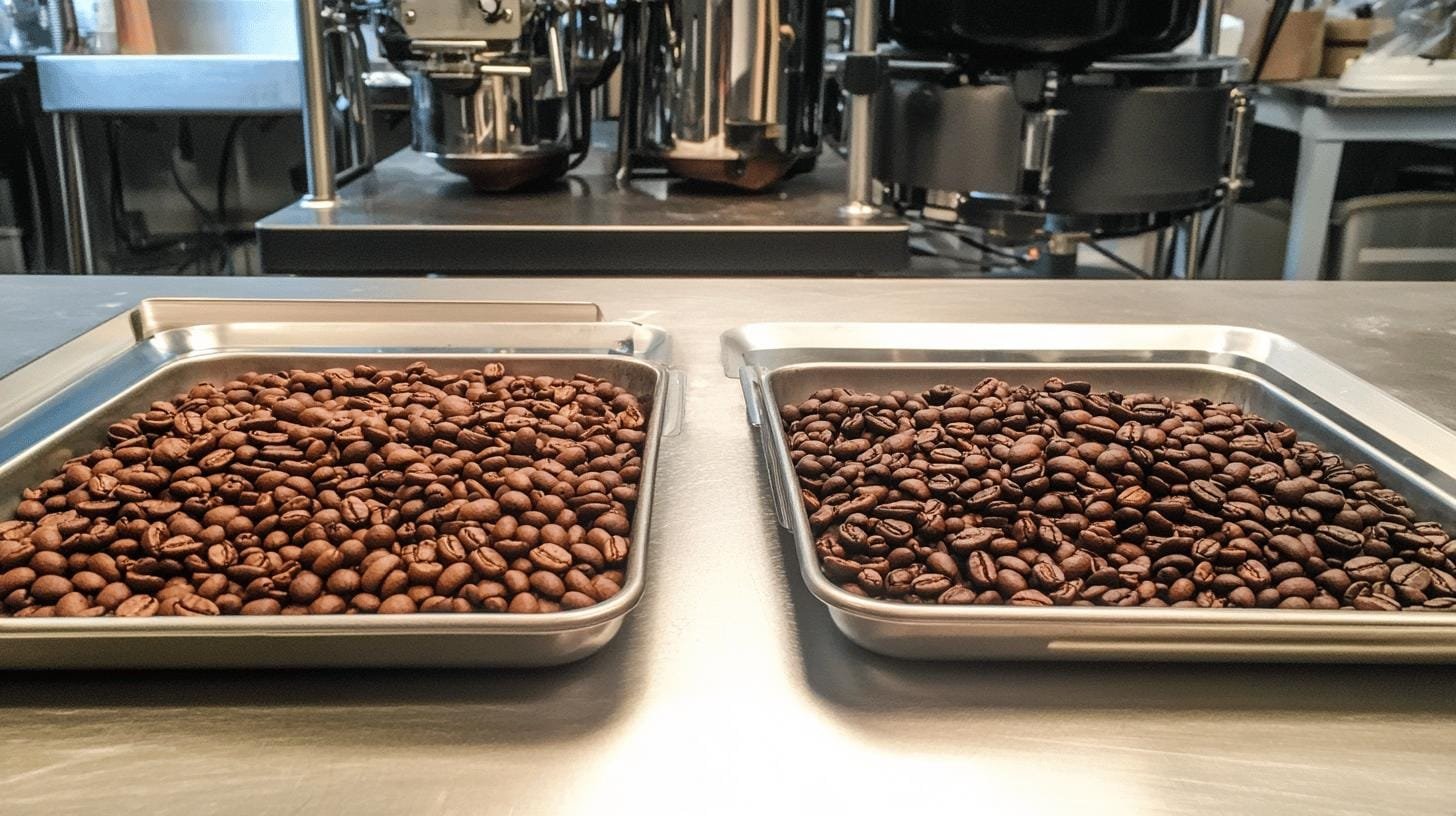 Roasted coffee beans on a tray - Medium vs Dark Roast Coffee: Flavorful Differences Revealed