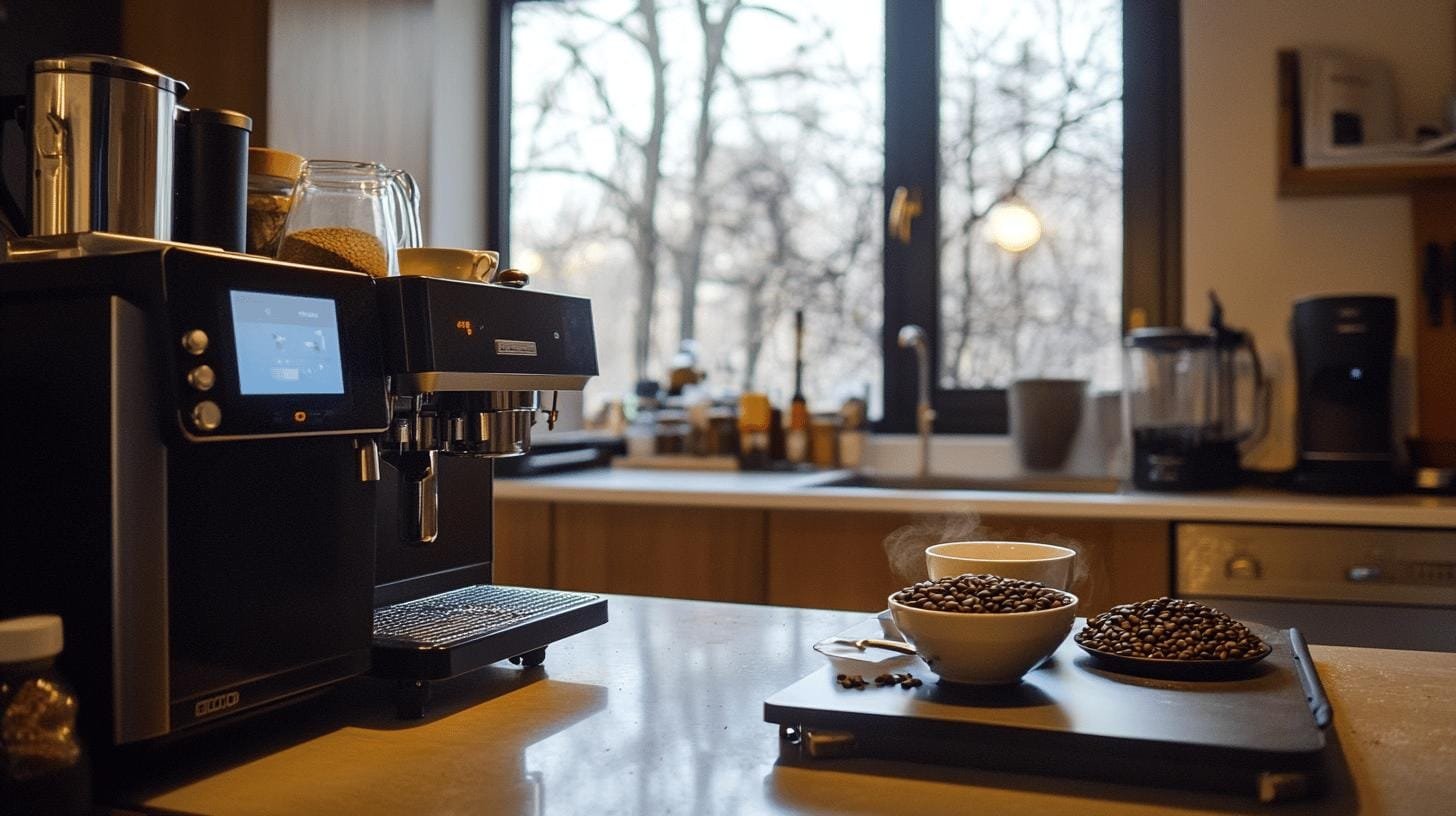 Coffee beans in a tray on a table, A coffee brewing machine - Best Coffee with Antioxidants for Health Boost.jpg