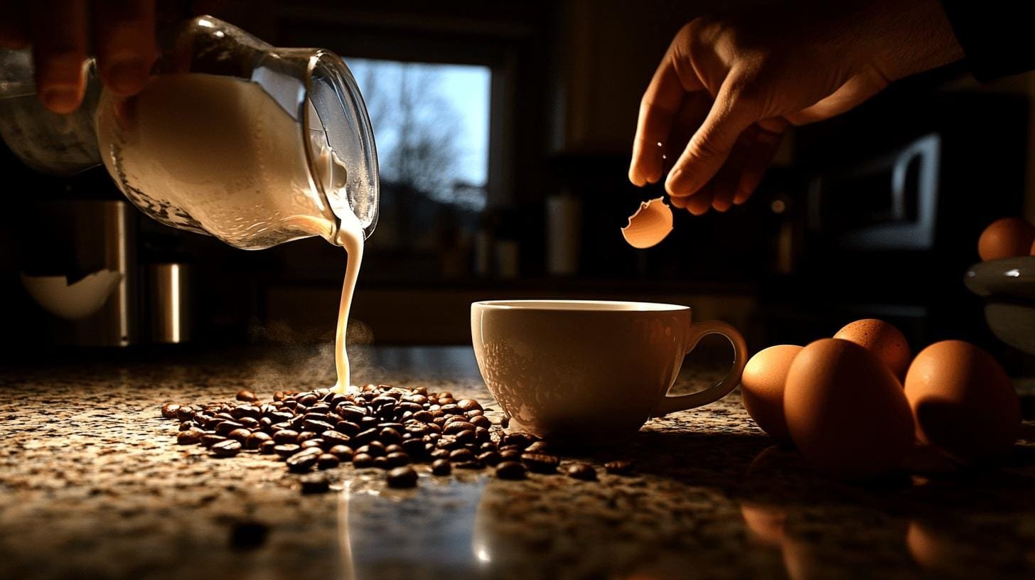 Someone putting eggshells into a cup while pouring milk on coffee beans scattered on a table - Is Coffee Acidic or Alkaline.jpg