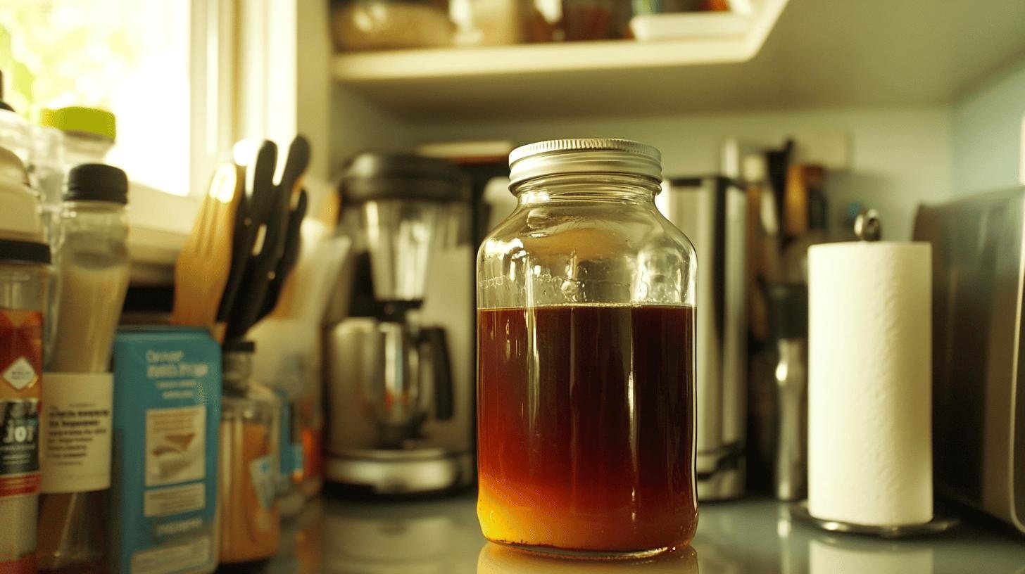 A jar of coffee syrup in the refrigerator- Homemade Coffee Syrup Sugar-Free: Delicious and Healthy