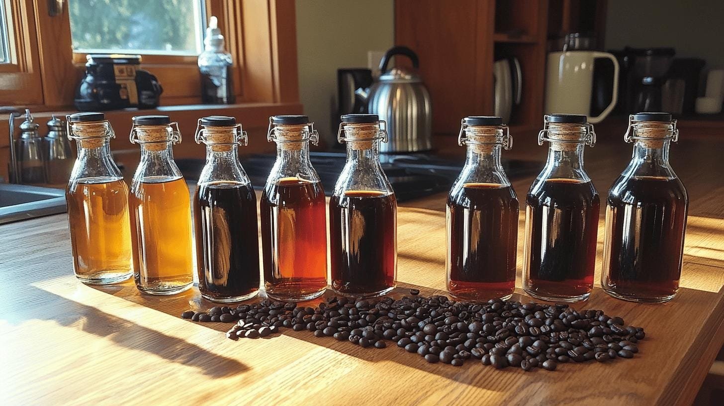 Coffee syrups and coffee beans on a table - Simple Syrup Flavors for Coffee: Top Picks