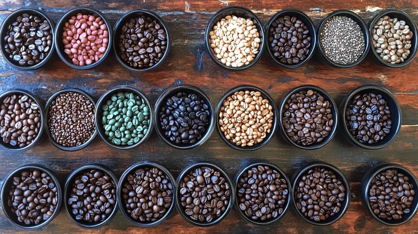 Different types of coffee beans on a table—What Is Gourmet Coffee: Explore Its Rich Flavors