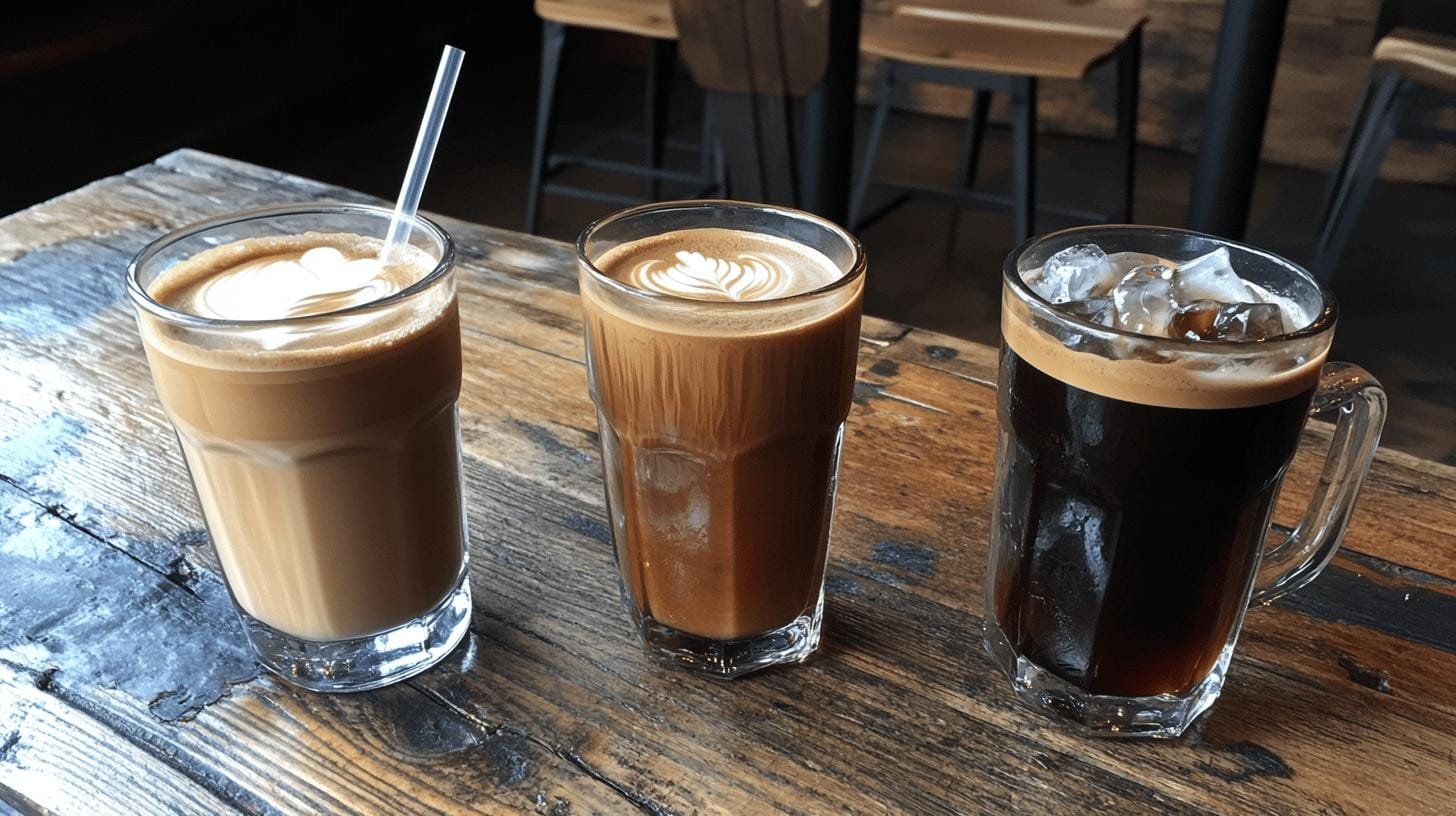 A cup of mocha, cold brew and nitro coffee on a table - What Are Specialty Coffee Drinks: A Flavorful Exploration