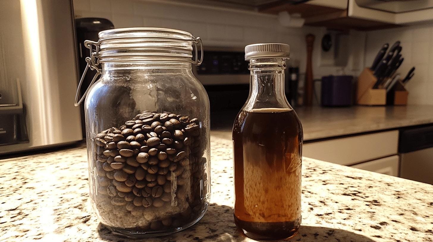 A jar of coffee beans and a jar of coffee syrup on the table - Homemade Coffee Syrup Sugar-Free: Delicious and Healthy