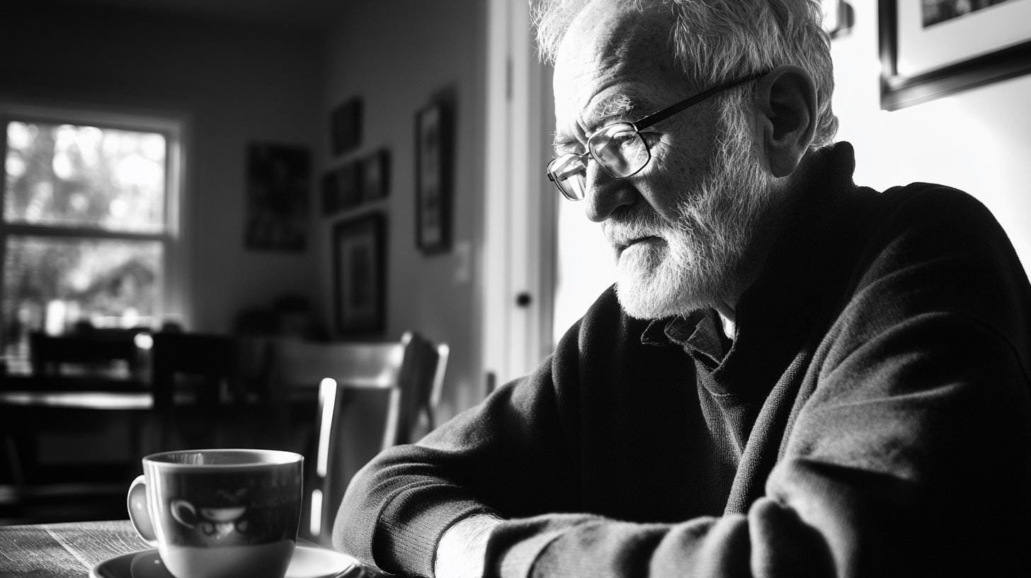 An aged man on glasses starting at a cup of coffee on a table - Caffeine Metabolism and Age.jpg