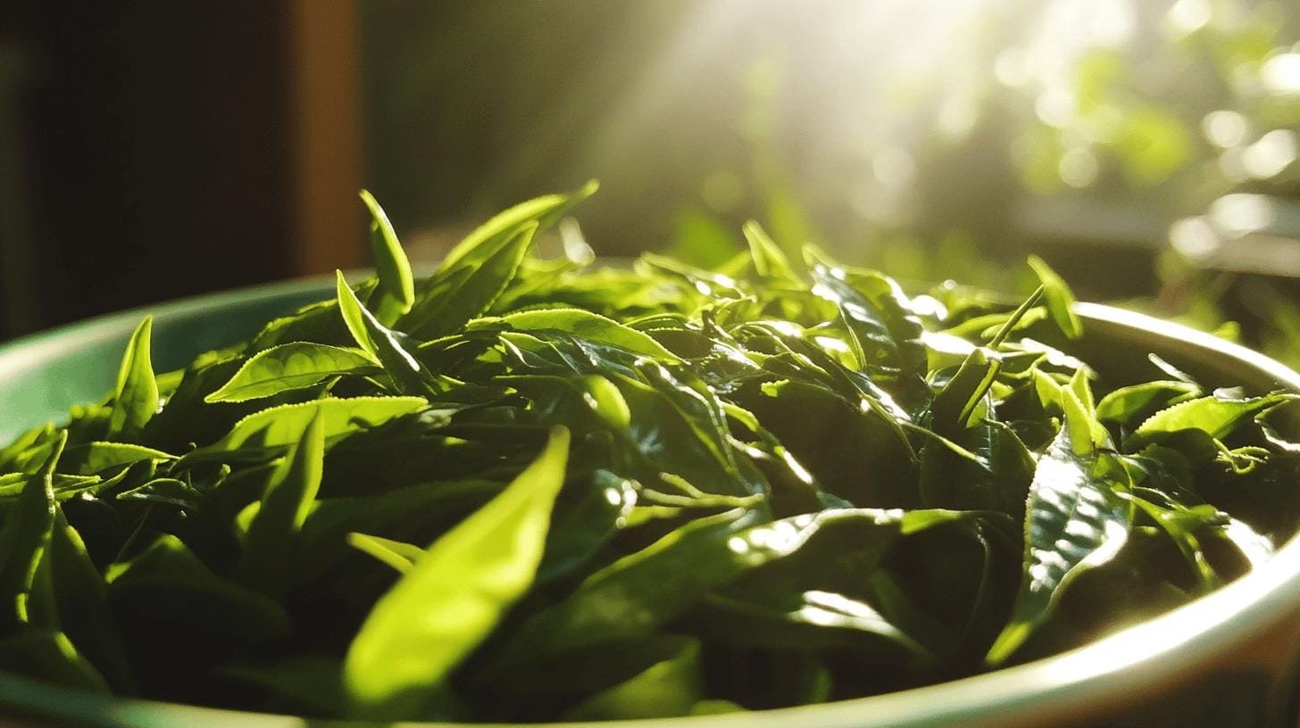 A bowl of green leaves - Amount Caffeine in Green Tea