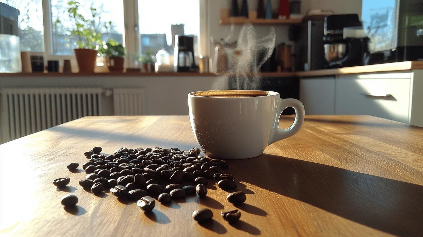 A cup of coffee and grains of coffee beans on a table in a well lit kitchen.jpg