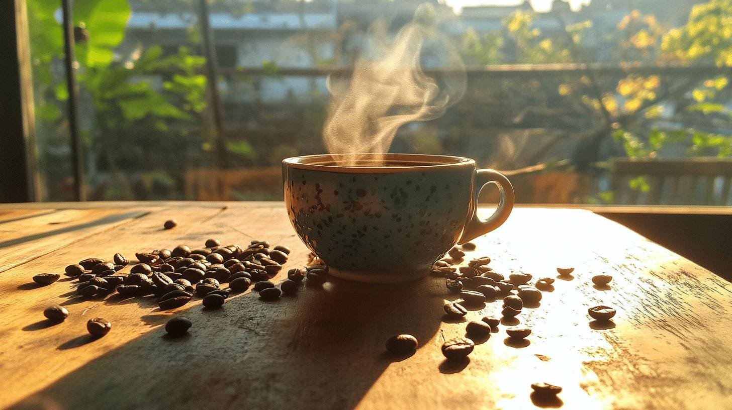 A cup of hot steaming coffee and grains of coffee beans on a table - Coffee for Diabetes.jpg