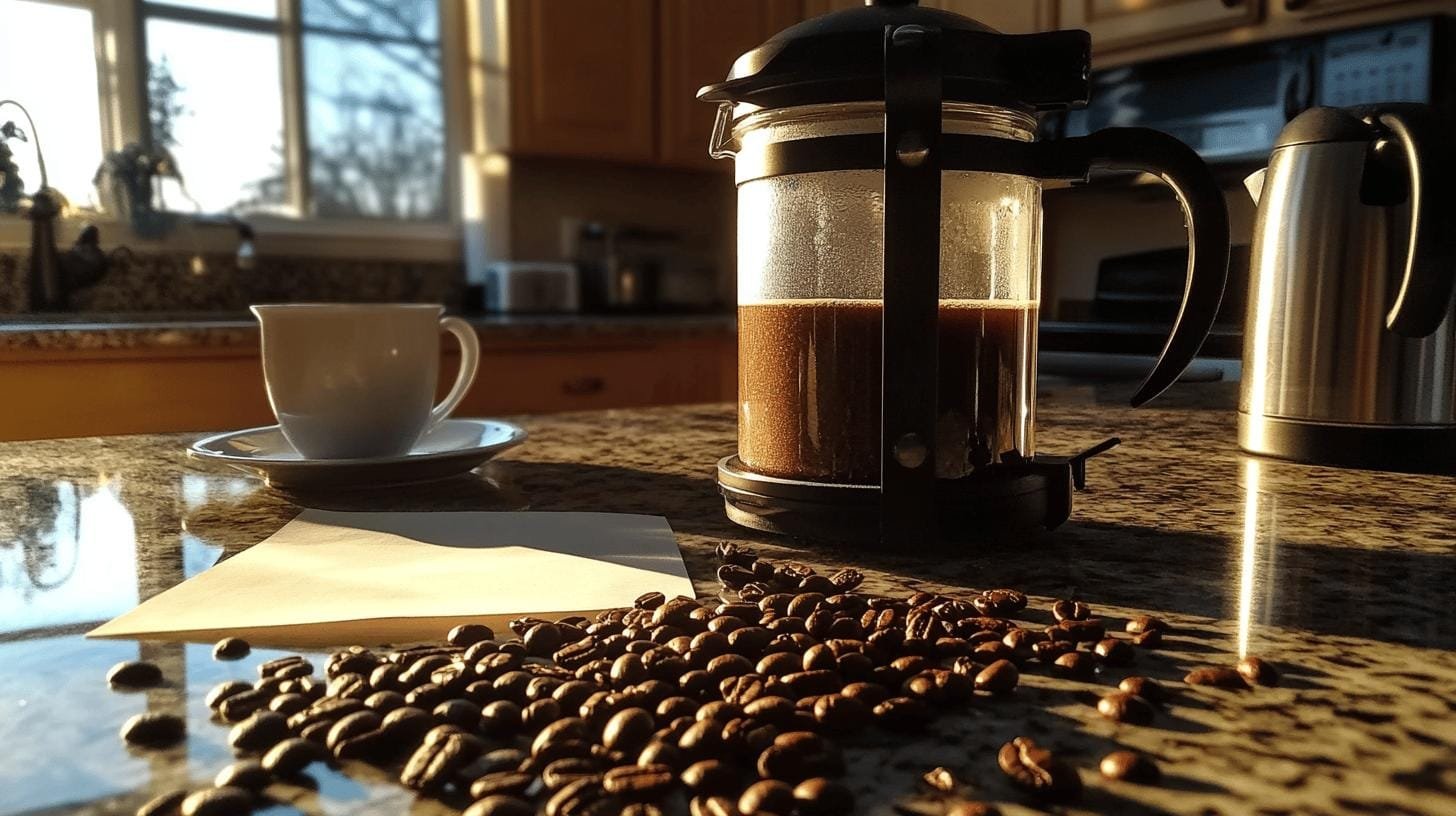 A french press coffee maker, a cup on a saucer and coffee beans scattered on a table - How Does Coffee Affect Cholesterol Levels?.jpg