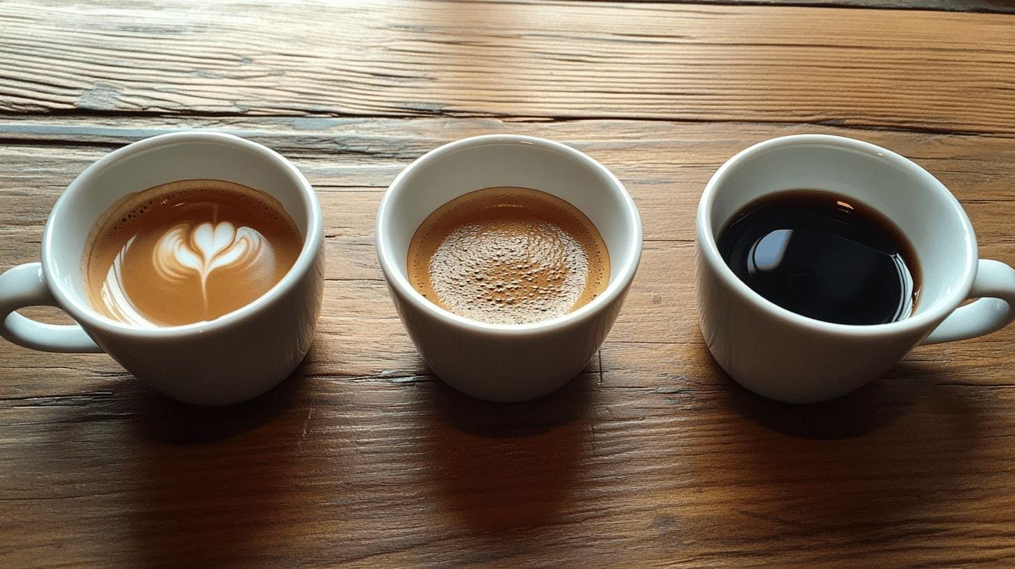 2 cups of coffee and a cup of espresso on a table - Amount of Caffeine in Double Espresso.jpg