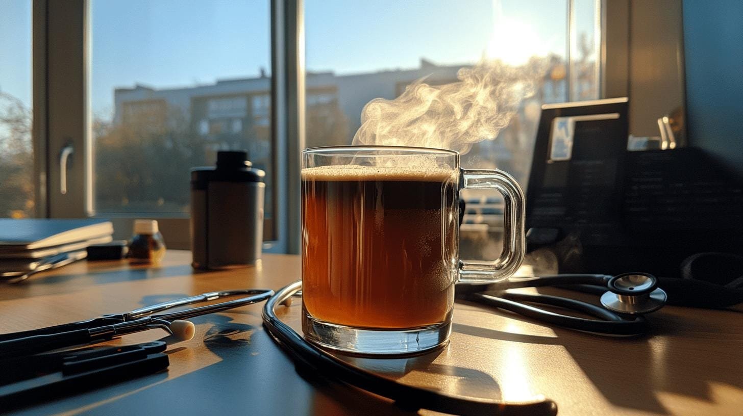 A glass of coffee and a stethoscope on a table- Instant Coffee and Heart Health.jpg