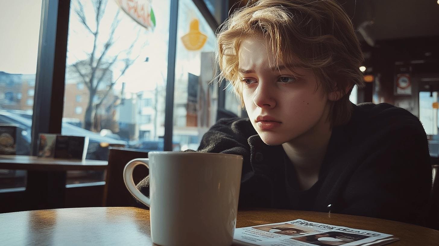 A boy sitting in a pub with a cup of coffee on his table - Caffeine vs No Caffeine.jpg