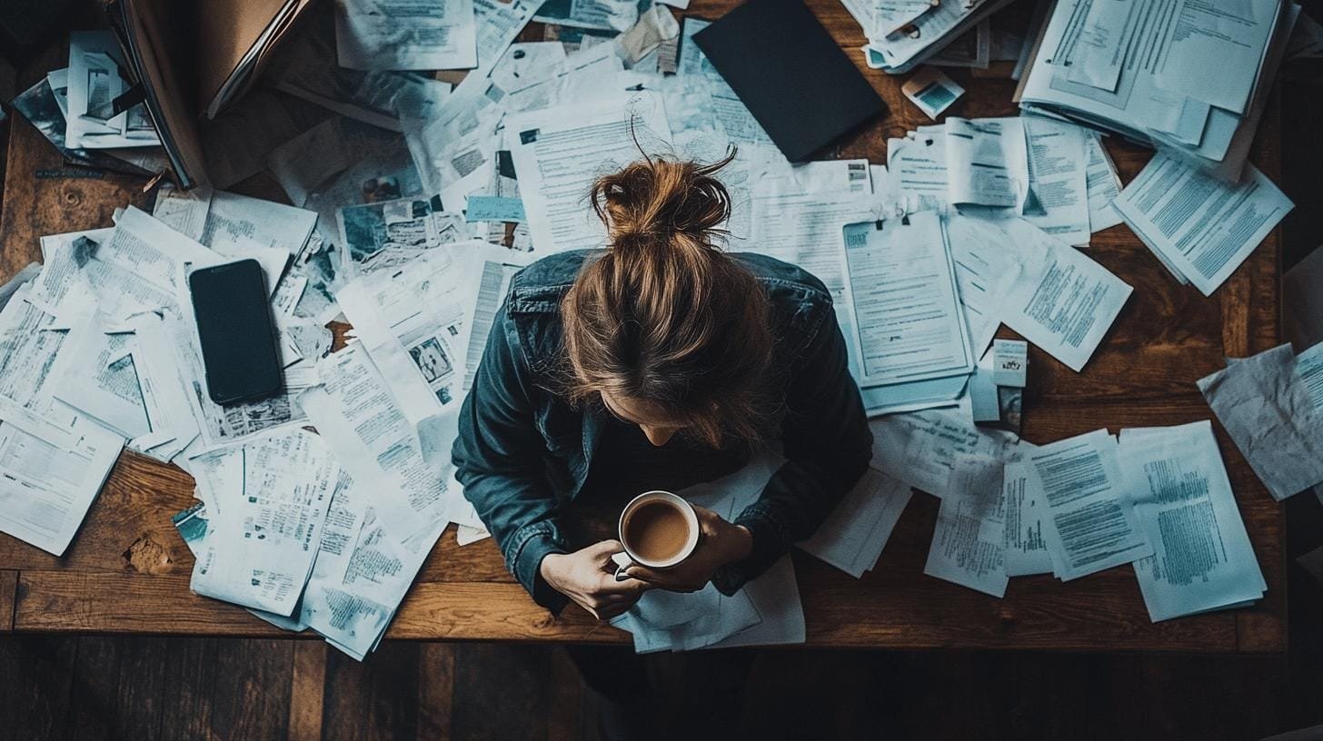 Girl sitting on a table scattered with papers with a cup of coffee in her hands- Does Caffeine Improve Brain Function? Find Out.jpg