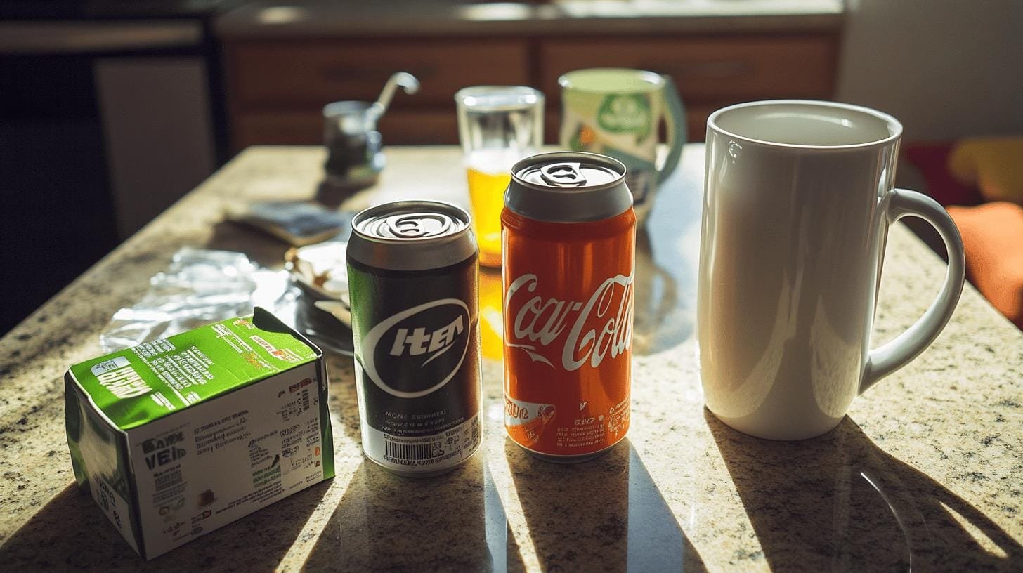 A can of coca cola, a can of soda, a cup and a pack of green tea on a table - Amount of Caffeine in Diet Coke.jpg