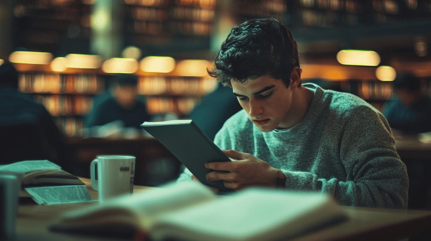 Boy reading a book with a cup of coffee and an open book on his table - ADHD and Caffeine Metabolism.jpg