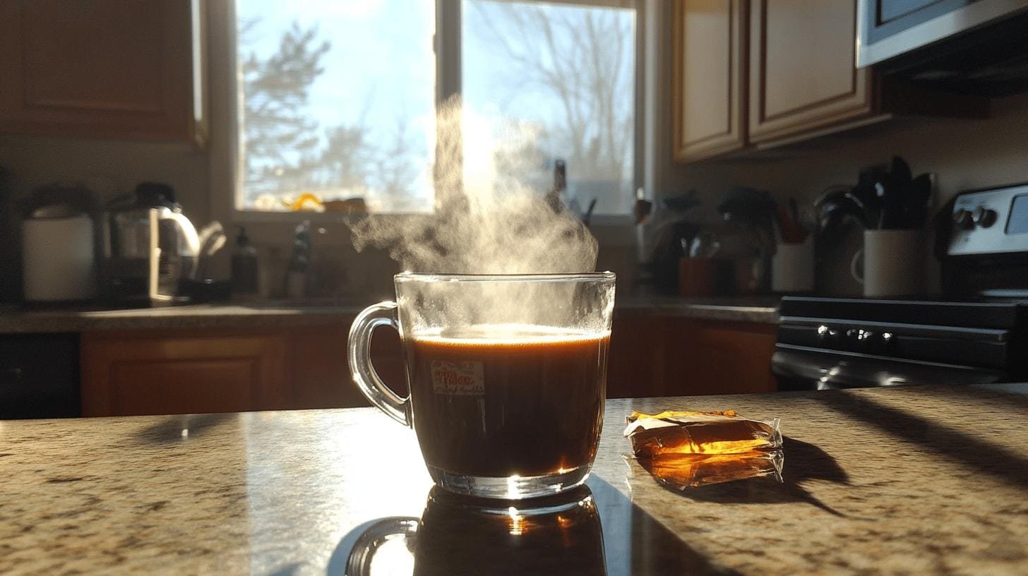 A steaming glass of coffee on a kitchen counter- Advantages of Caffeine in Coffee.jpg