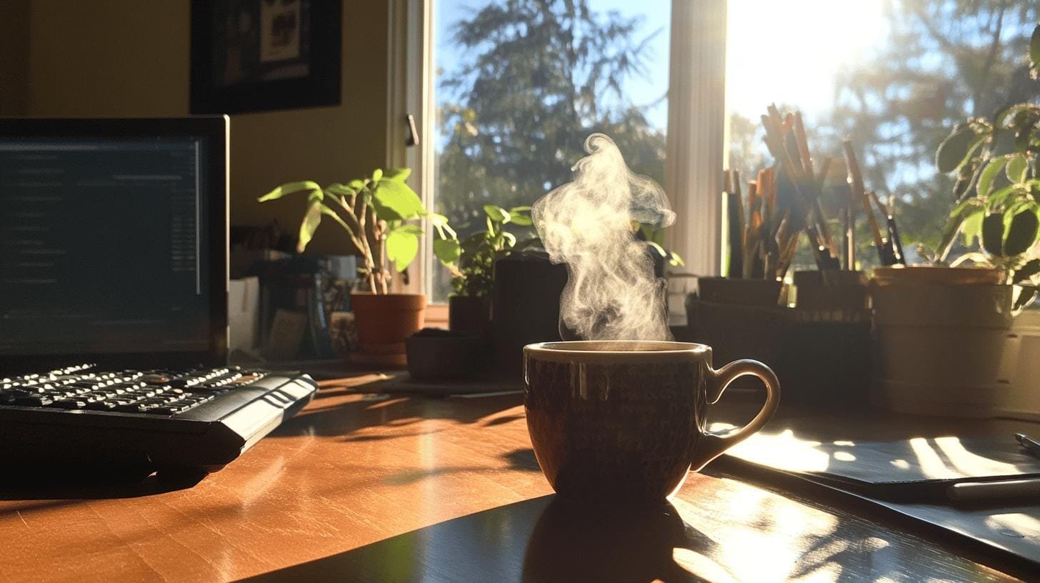 A steaming cup of coffee on a work desk - Can Caffeine Cause Stress?.jpg