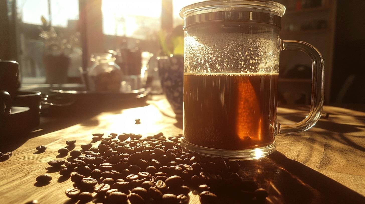 A glass of coffee and grains of coffee beans on a table - Does Caffeine Affect Cholesterol Levels? .jpg