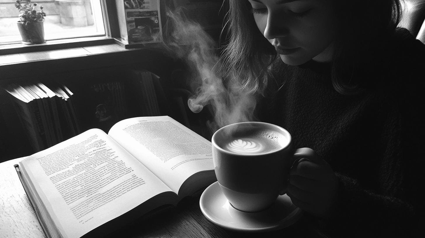 Girl holding a steaming cup of coffee in a saucer with an open book on her table - Does Caffeine Improve Brain Function? Find Out.jpg