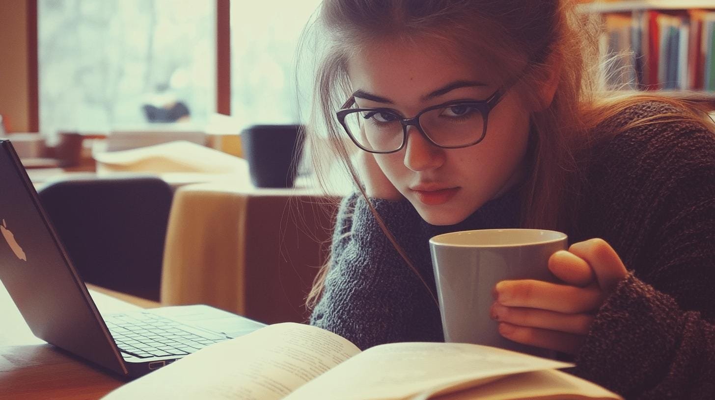 Girl on glasses holding a cup of coffee and reading a book on a table beside a laptop- What Part of the Brain Does Caffeine Affect?.jpg