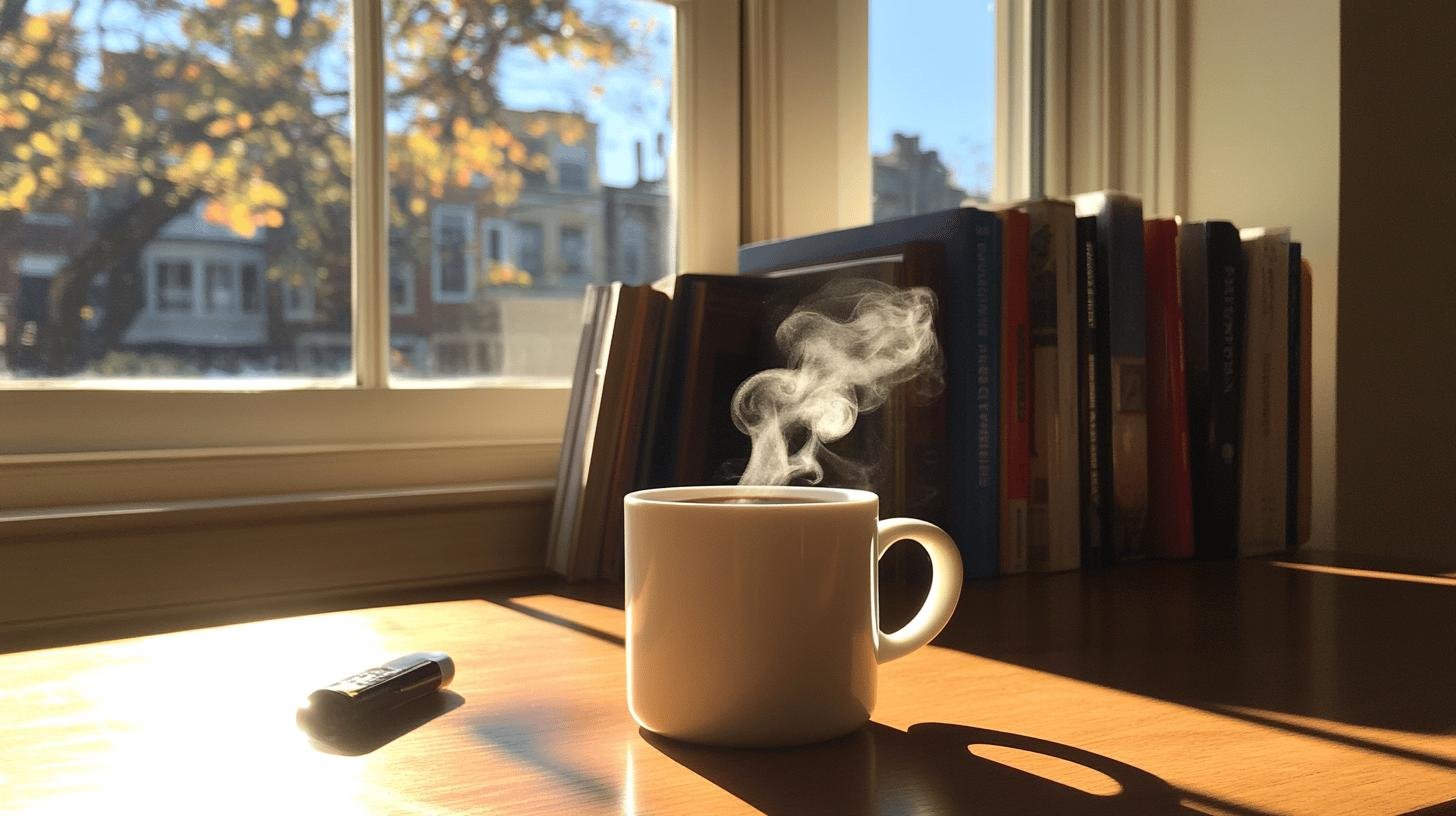 A steaming cup of coffee in front of books arranged on a table - Caffeine and Brain Function.jpg