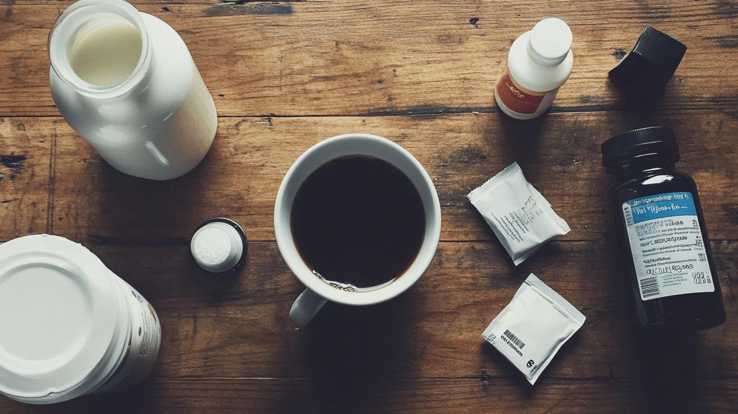 A cup of coffee, a jar of milk and other coffee additives on a table - Coffee for Diabetes.jpg