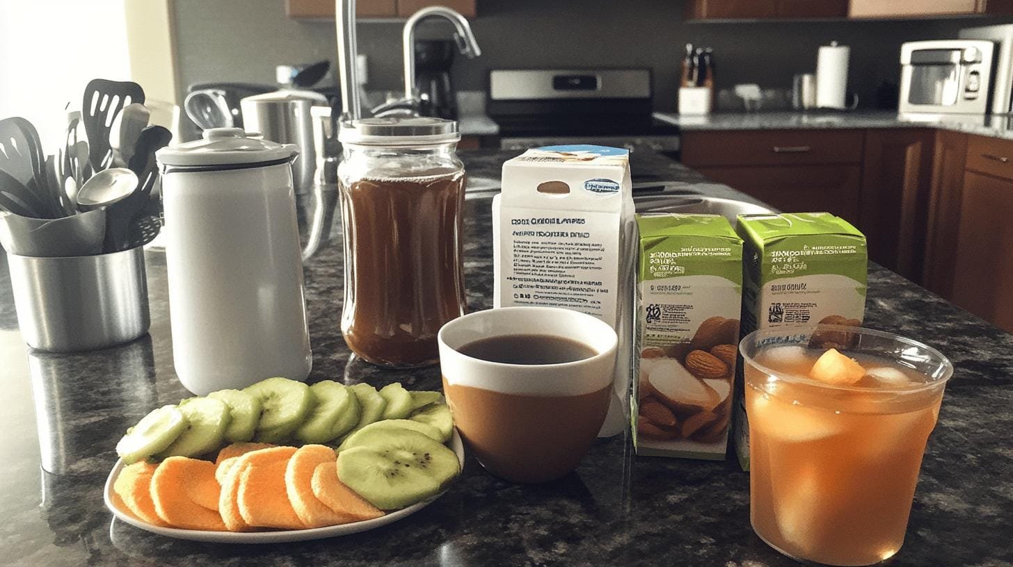 A plate of sliced fruits, a cup of coffee, a pack of milk, a cup of fruit juice and mug on a kitchen table - Coffee and Gestational Diabetes.jpg