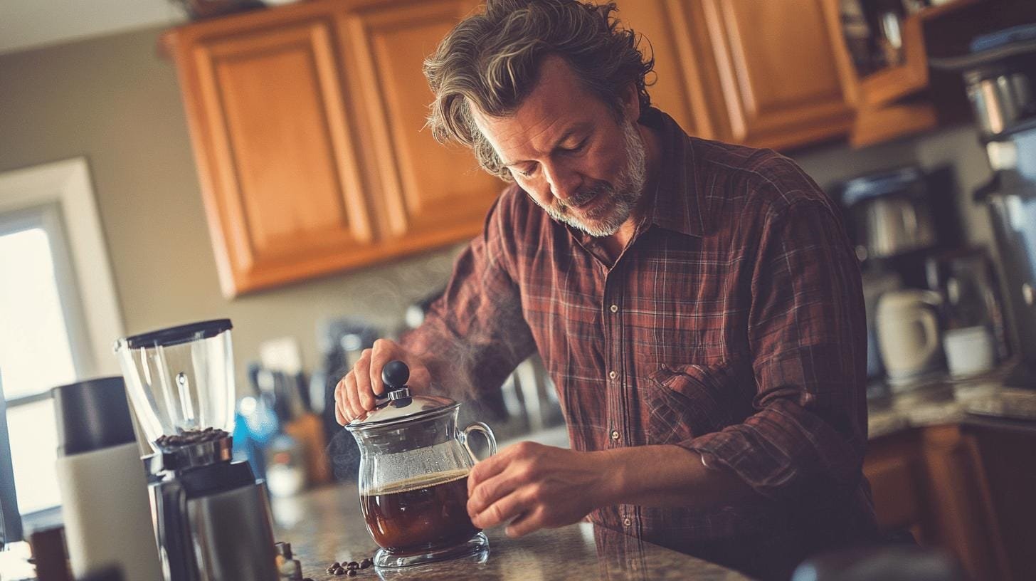 An aged man holding a jug of coffee in the kitchen- Coffee and Prostate Inflammation.jpg