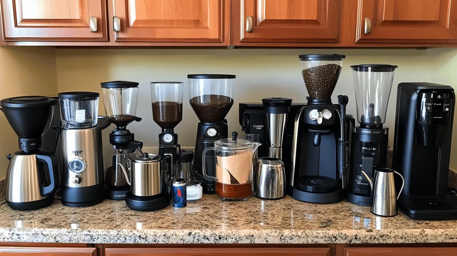 Different coffee brewing equipments on a kitchen counter- Does Caffeine Affect Cholesterol Levels? .jpg
