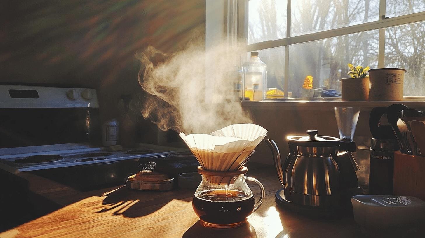 A coffee with filter paper and a kettle on a table - Paper Filtered Coffee.jpg