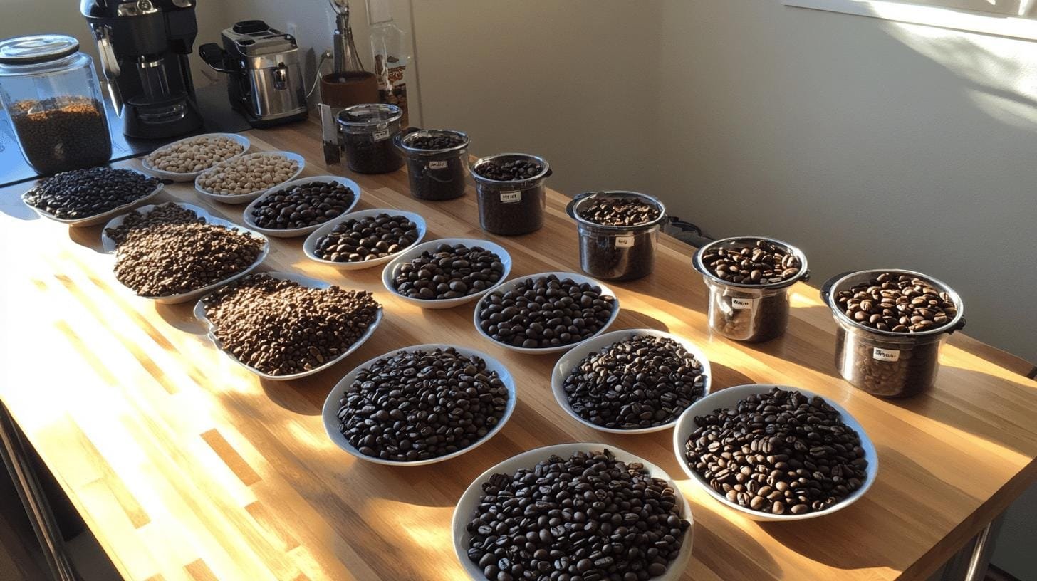 Plates of roasted coffee beans arranged on a table - Roasted Coffee and Cholesterol.jpg