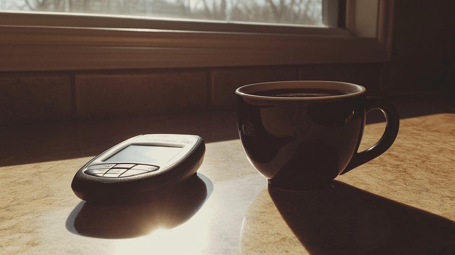 A cup of coffee and a glucometer on a table - Coffee Effect on Diabetes.jpg