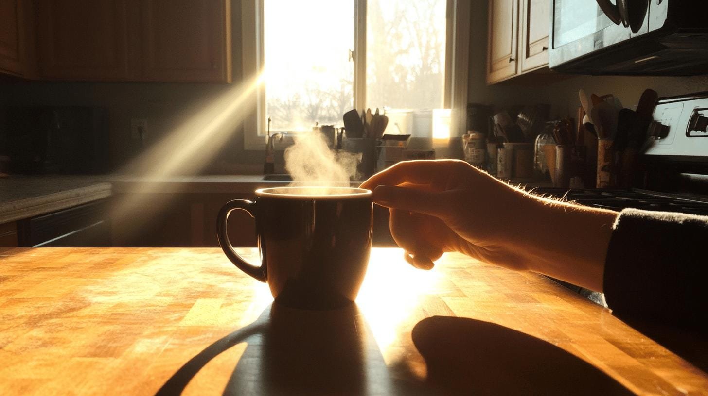 Hand reaching for a cup of coffee on a table - Coffee and Cholesterol Test.jpg