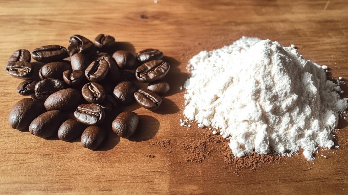 Grain of coffee beans and ground coffee beans on a table - Caffeine Anhydrous vs Natural Caffeine.jpg