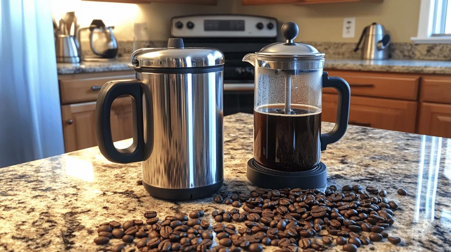 French press coffee maker and coffee beans on a table - Drip Coffee and Cholesterol.jpg