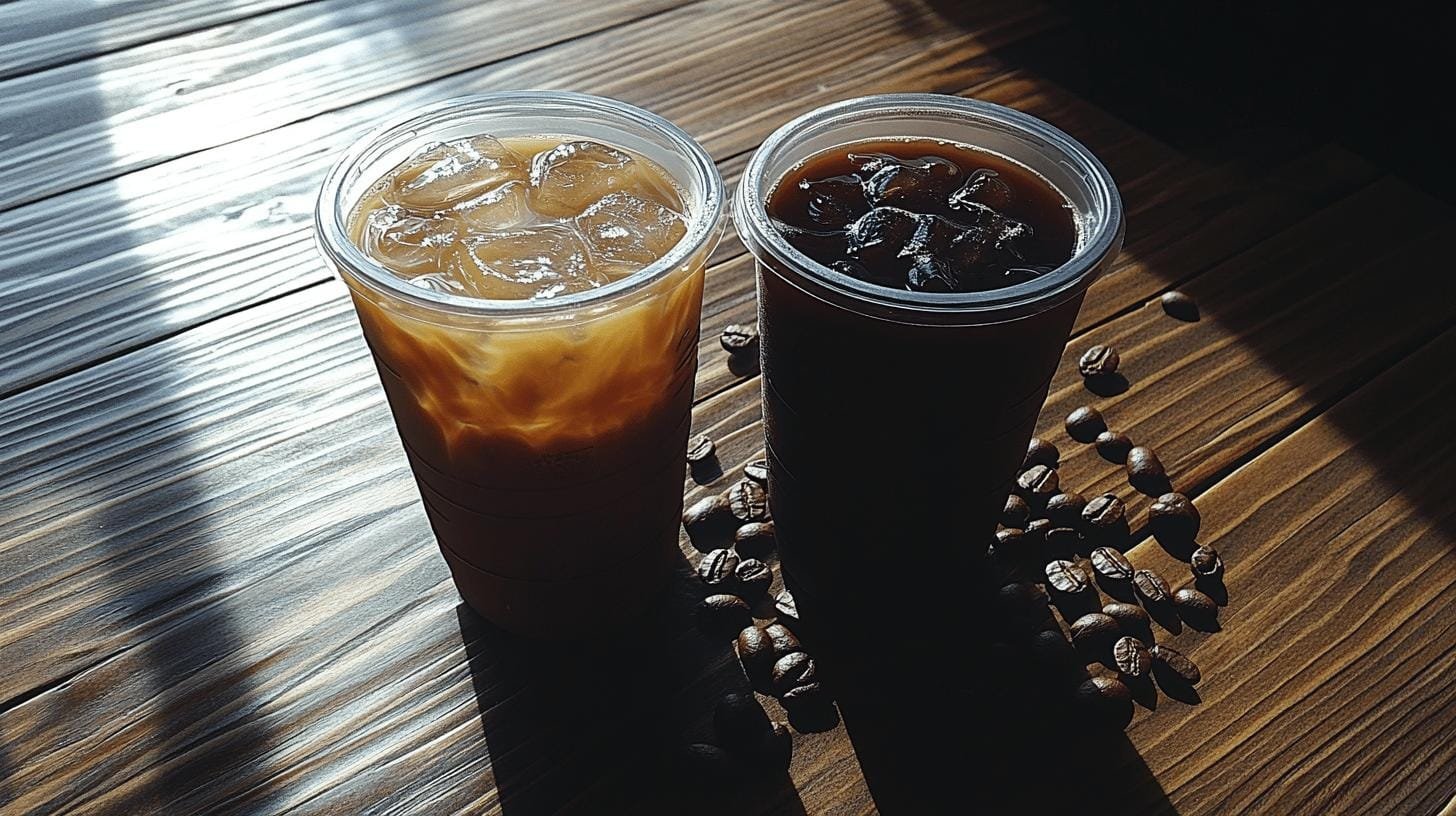A plastic cup of iced coffee and a paper cup of cold brew - Amount of Caffeine in Iced Coffee.jpg