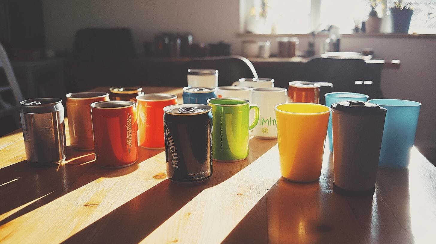 Cans and Cups of beverages on a kitchen table- Normal Caffeine Intake.jpg