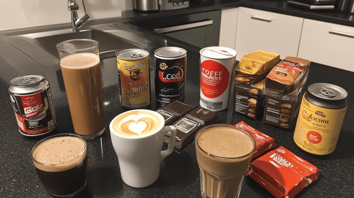 Different cups and cans of beverages on a kitchen counter- Acceptable Caffeine Intake.jpg