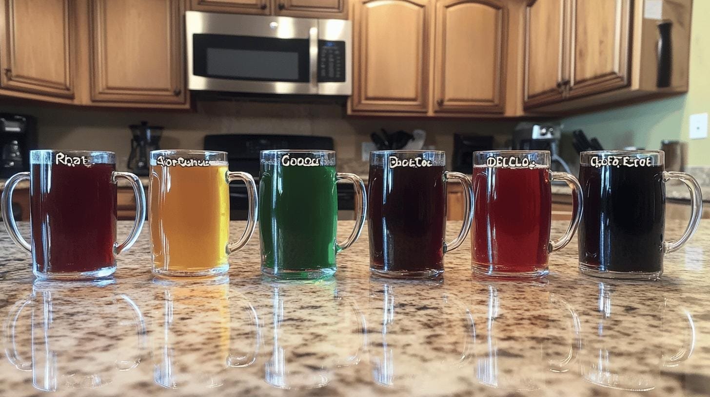 6 glass cups of different beverages- Caffeine in Caffeine-Free Coffee.jpg