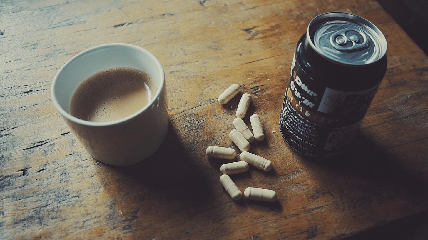 A cup of coffee, a can of soda and white pills on a table - Caffeine in Caffeine Pill.jpg