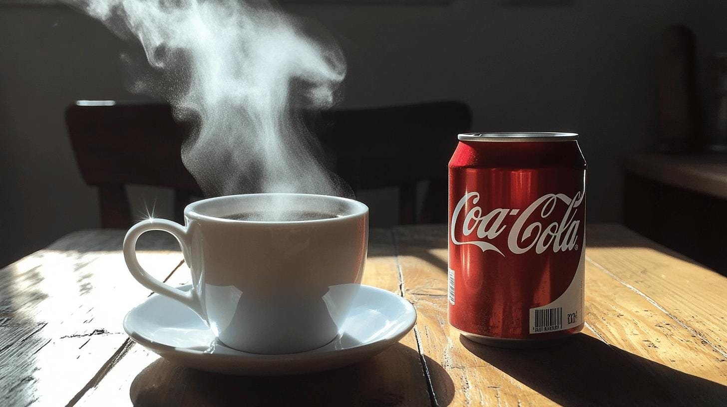 A steaming cup of coffee and a can of coca cola on a table - Amount of Caffeine in Diet Coke.jpg