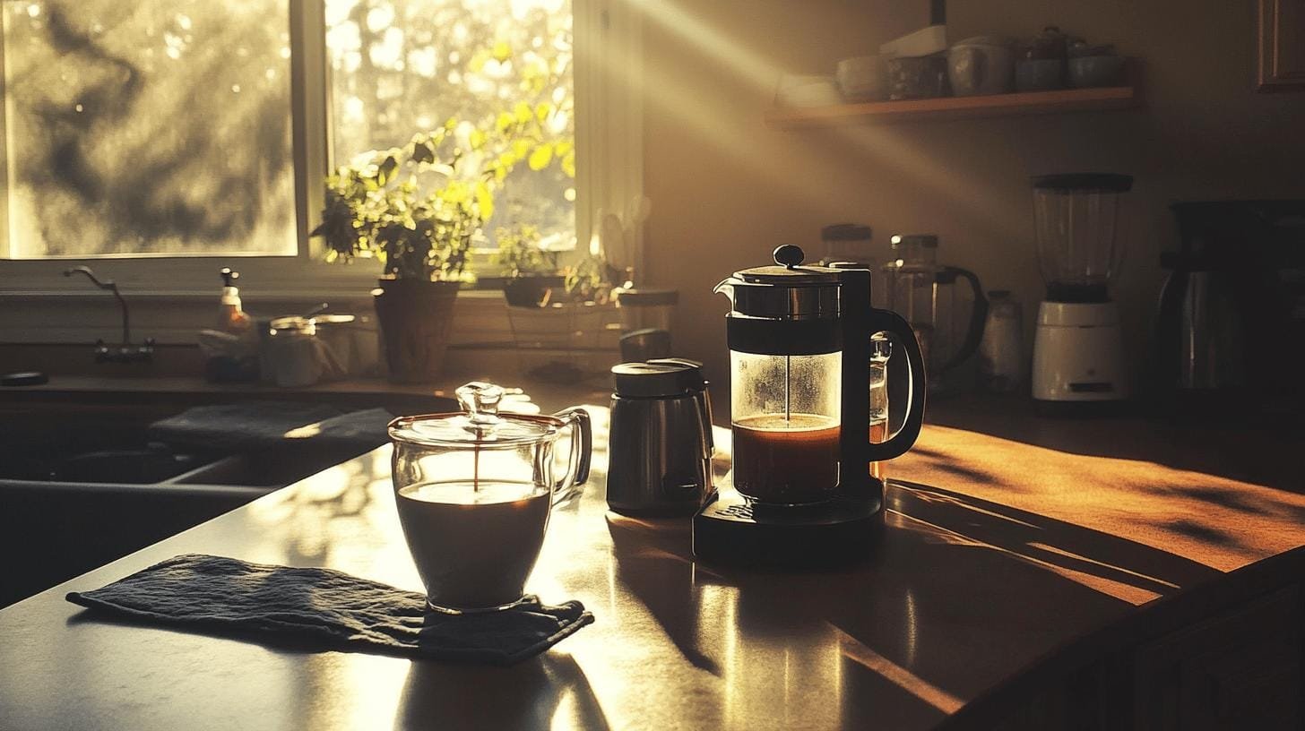 French press coffee maker, A jug of coffee and a glass jar on a table - Pour Over Coffee and Cholesterol.jpg