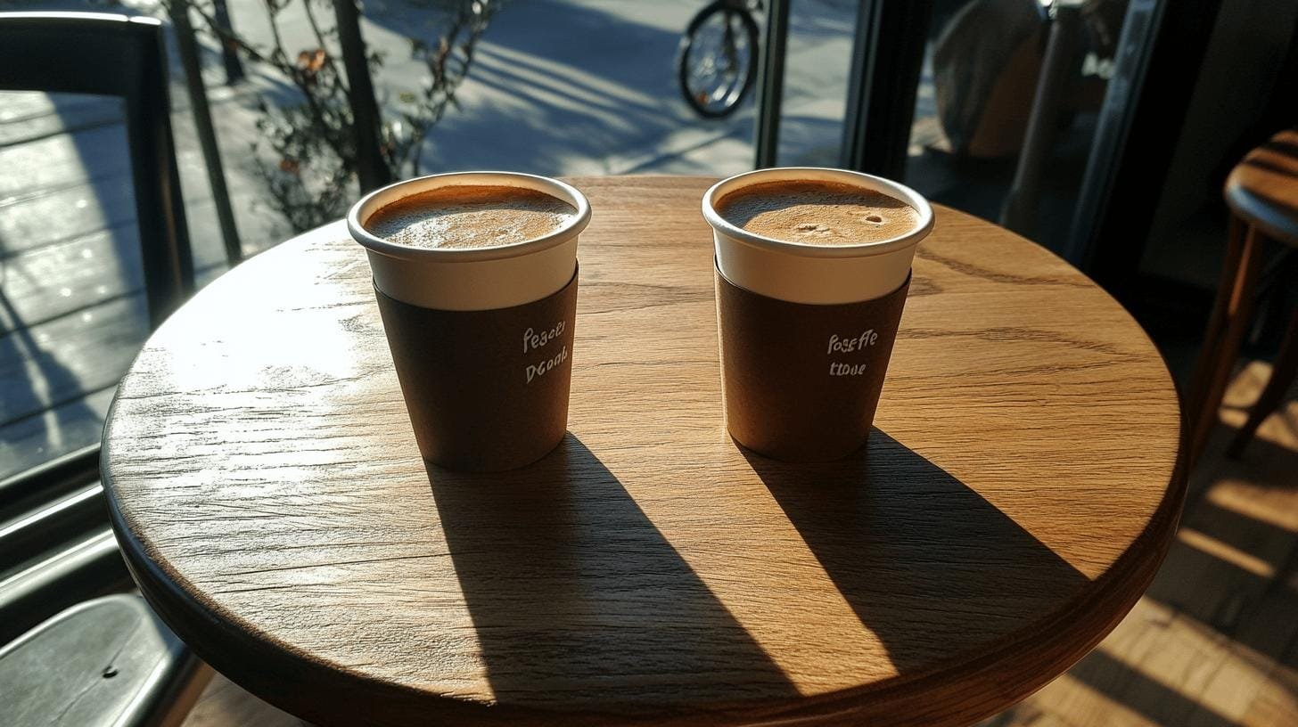 2 paper cups of coffee on a table - Decaf Coffee and Cholesterol Levels.jpg