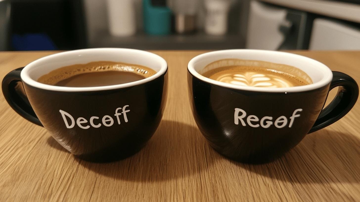 2 cups of coffee on a table with a ‘Deceff’ and ‘Regef’ written on the cup - n Amount of Caffeine in Decaf Espresso.jpg