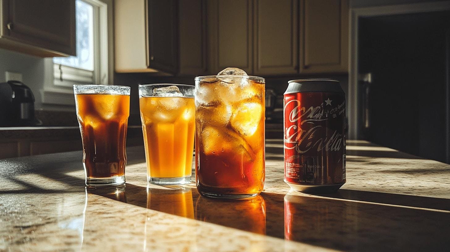 3 glasses of tea and a can of coca cola - Amount of Caffeine in Sweet Tea 1.jpg