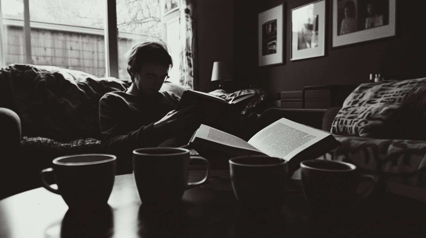 Man sitting on a couch in a room reading a book across a table with 4 cups of coffee and an open book - Allergies to Caffeine Symptoms.jpg