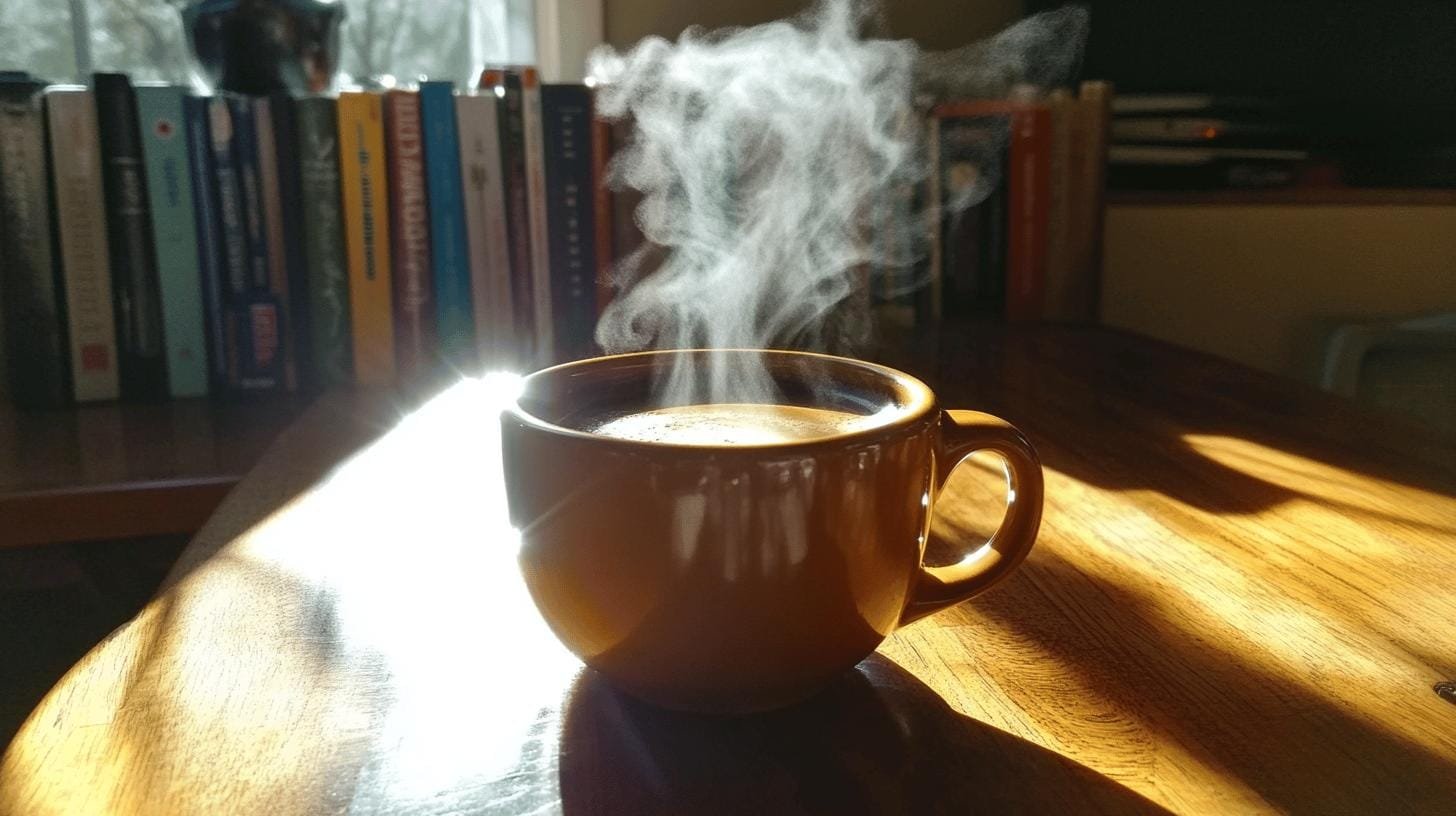 A cup of coffee on a table in front of a bookshelf Does Coffee Cause Heart Issues?.jpg