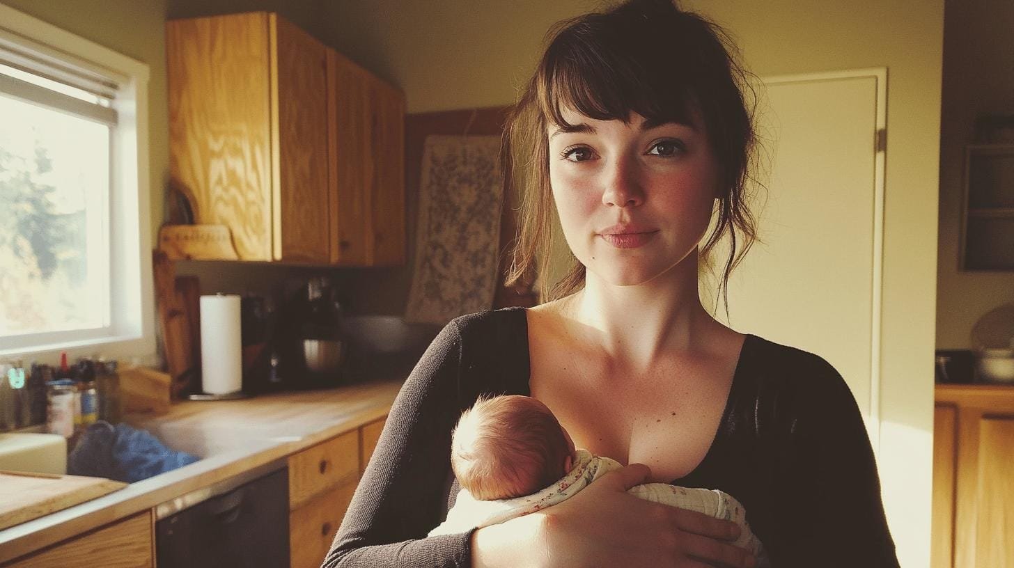 A mother breastfeeding her baby in a kitchen - Daily Caffeine Allowance Breastfeeding.jpg