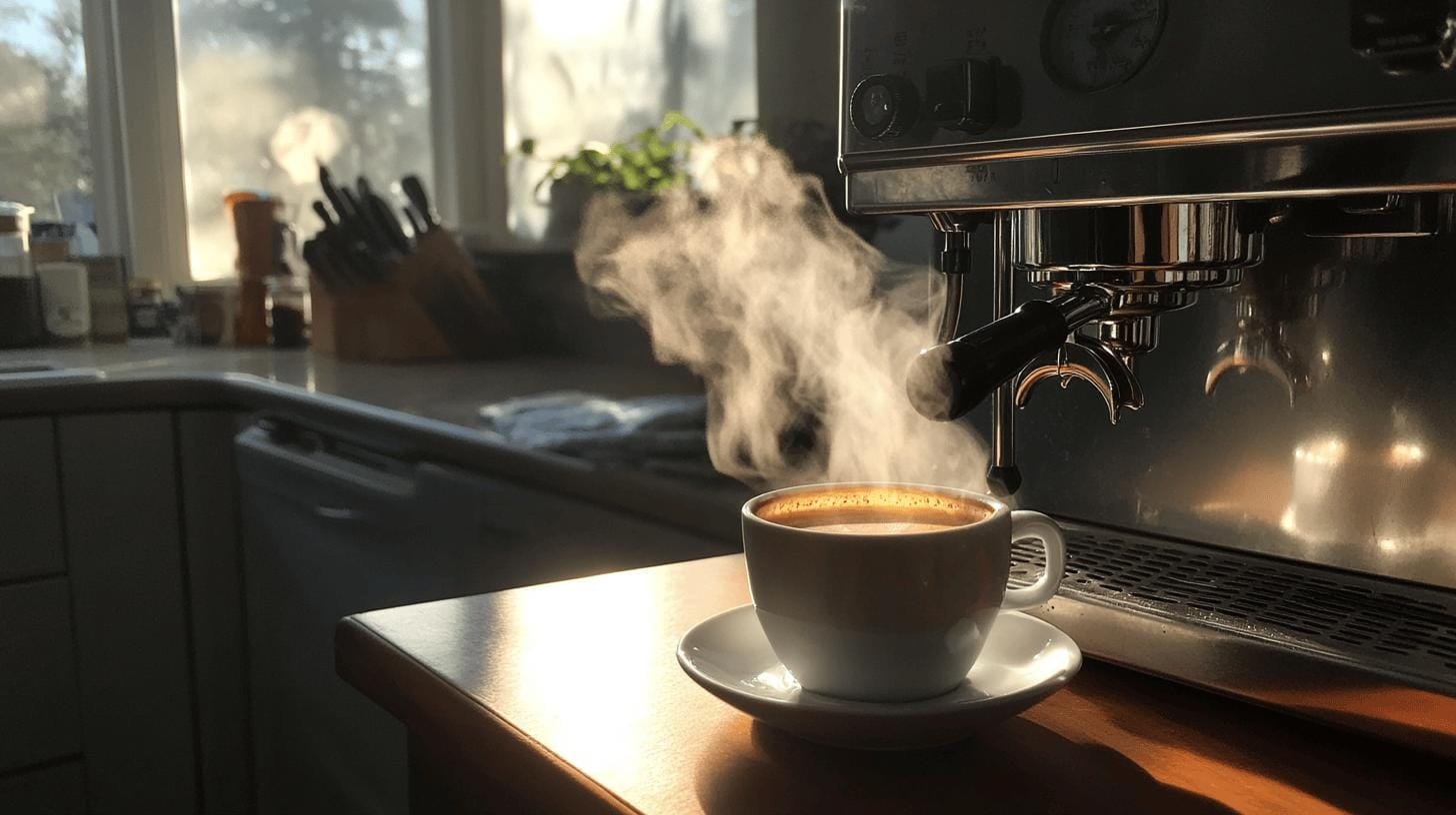 A cup of hot steaming coffee in a saucer on a kitchen counter.jpg