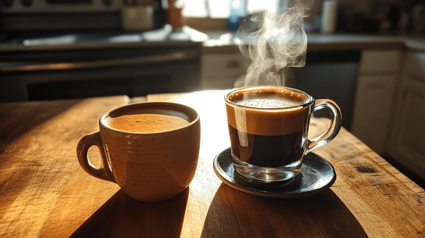 A cup of espresso and a cup of coffee on a table -Amount of Caffeine in Espresso.jpg